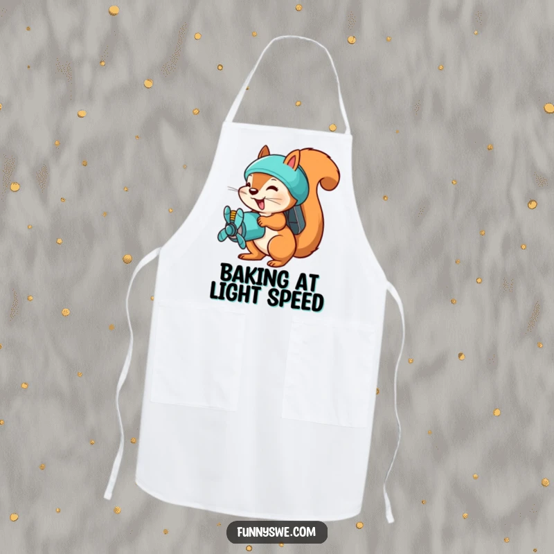 Funny squirrel uploader apron, a busy squirrel with a propeller pack, uploading files, perfect for fast-paced cooking.