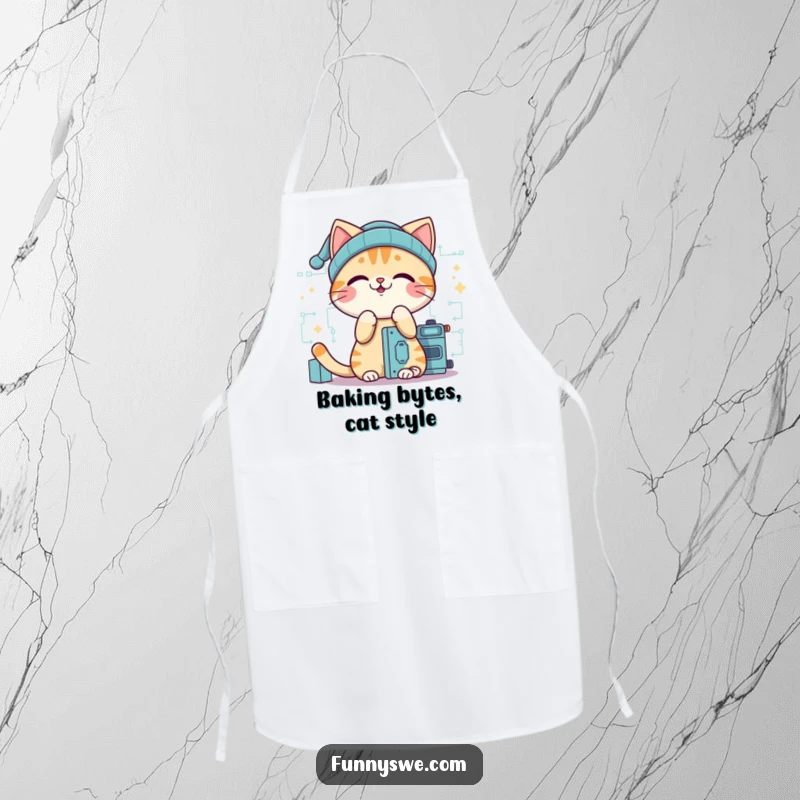 Funny cat coder apron, a giggling cat wearing a beanie, focused on building digital code, perfect for kitchen fun.