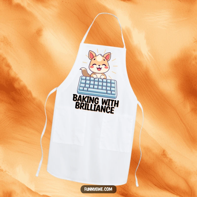 Funny apron showing a happy animal typing illuminated on a giant keyboard, a cheerful cooking gift.