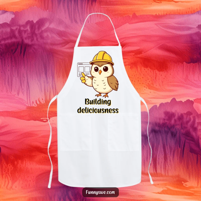 Funny cheerful owl wearing a hard hat, pointing at a website wireframe on an apron.