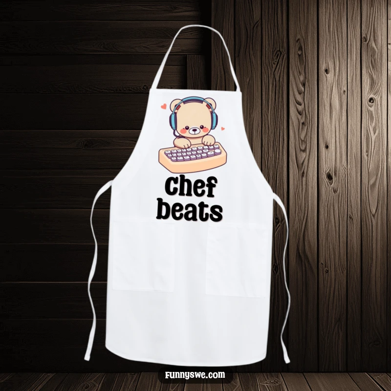 Funny bear wearing headphones, typing furiously on a giant keyboard, a humorous apron for kitchen adventures.