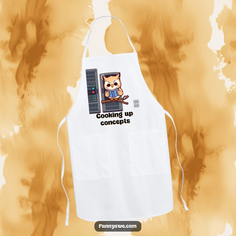 Funny kitchen apron showing a kawaii owl reading a book on a server rack, for humorous kitchen tasks.