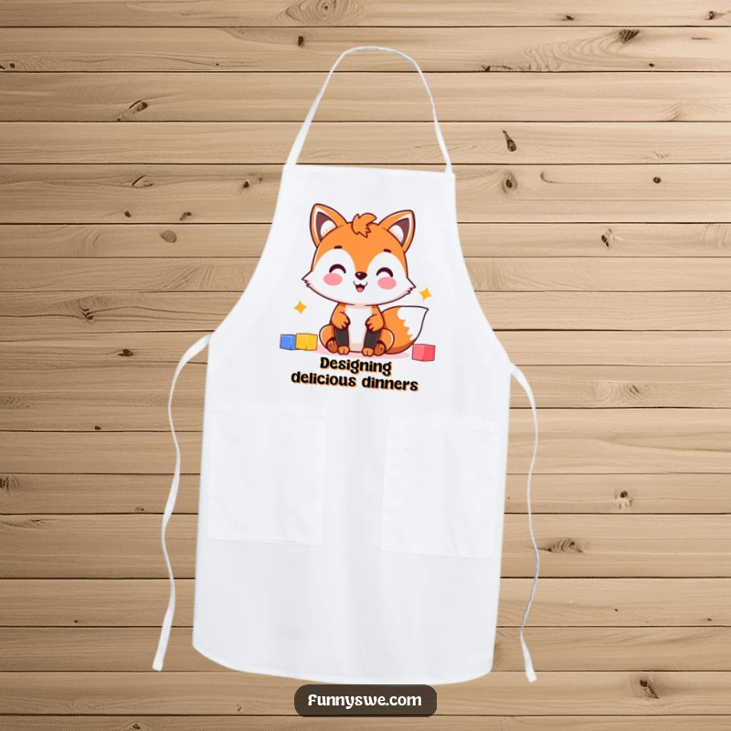 Funny Fox Chef Apron: Cheerful fox character building a website, adding humor to kitchen tasks.