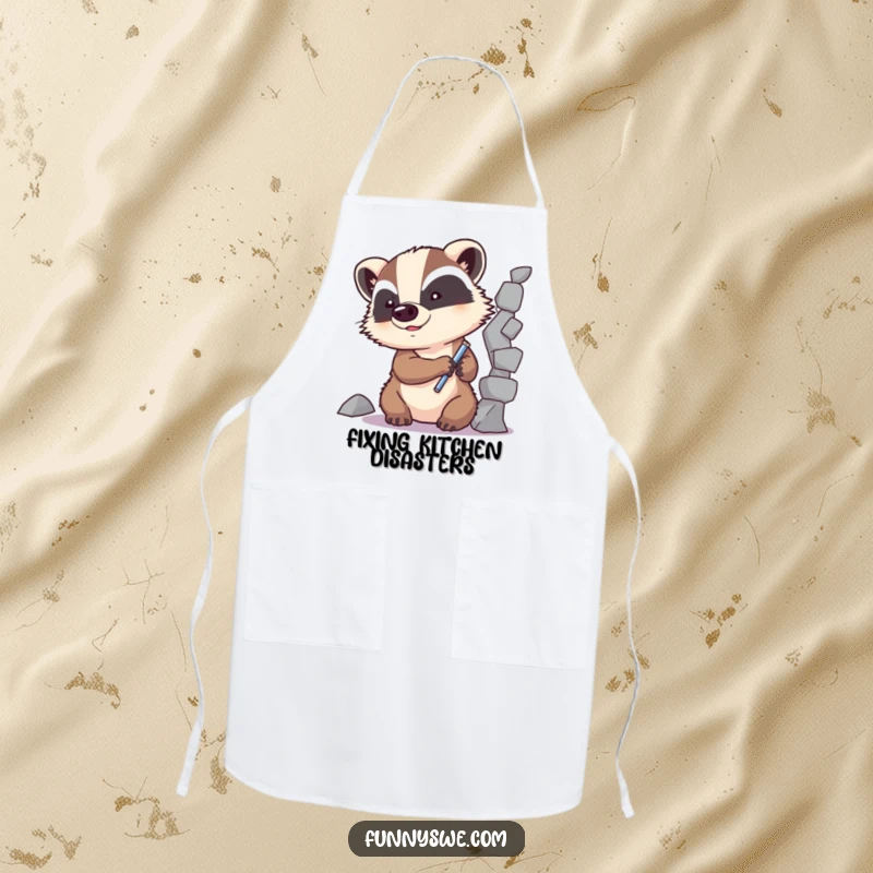 Funny Badger Code Fixer Apron: A determined badger character repairs a broken code element, adding humor and protection to your cooking or coding.