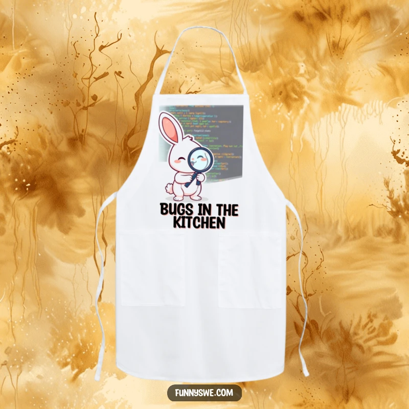 Funny apron illustration of a cheerful rabbit character using a magnifying glass to debug code, adding humor to cooking.