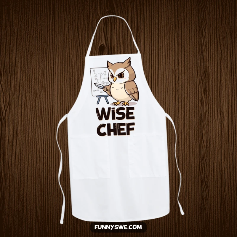 Funny apron illustration of a determined owl character pointing at a complex flowchart with a feather pen, adding strategy to cooking.