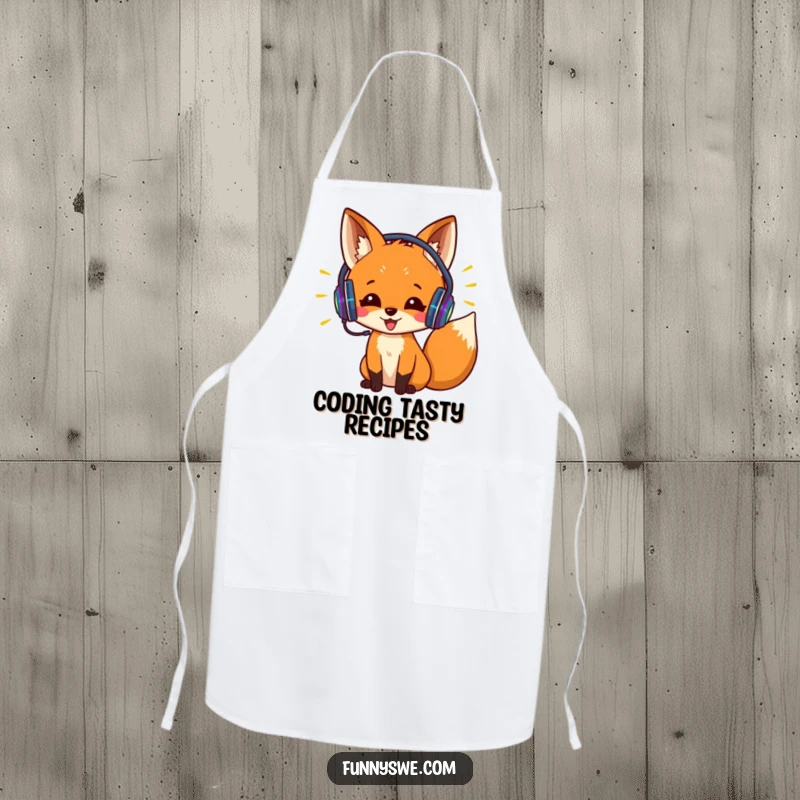 Funny apron featuring an excited fox wearing headphones, coding with colorful lines. Useful and humorous kitchen wear.