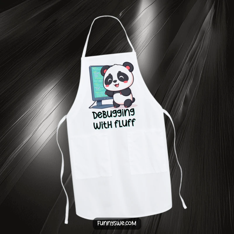 Funny apron showing a Kawaii panda pushing code into a computer, perfect for tech-themed kitchen fun.
