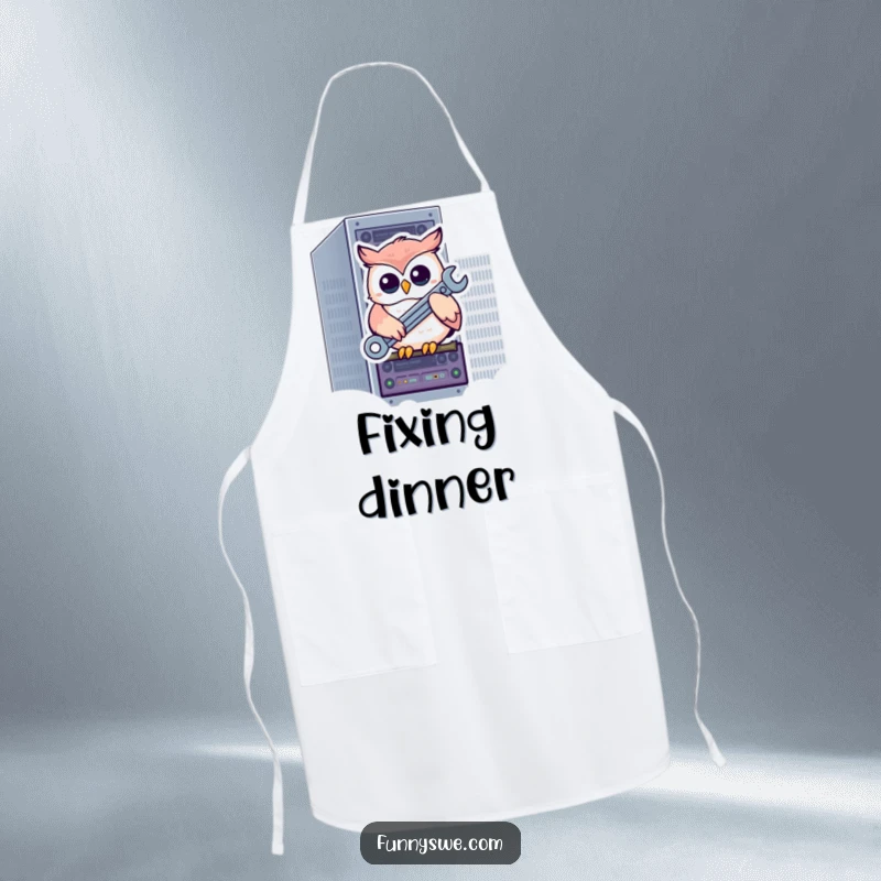 Funny kawaii owl perched on a server rack, holding a wrench, a humorous apron for kitchen adventures.