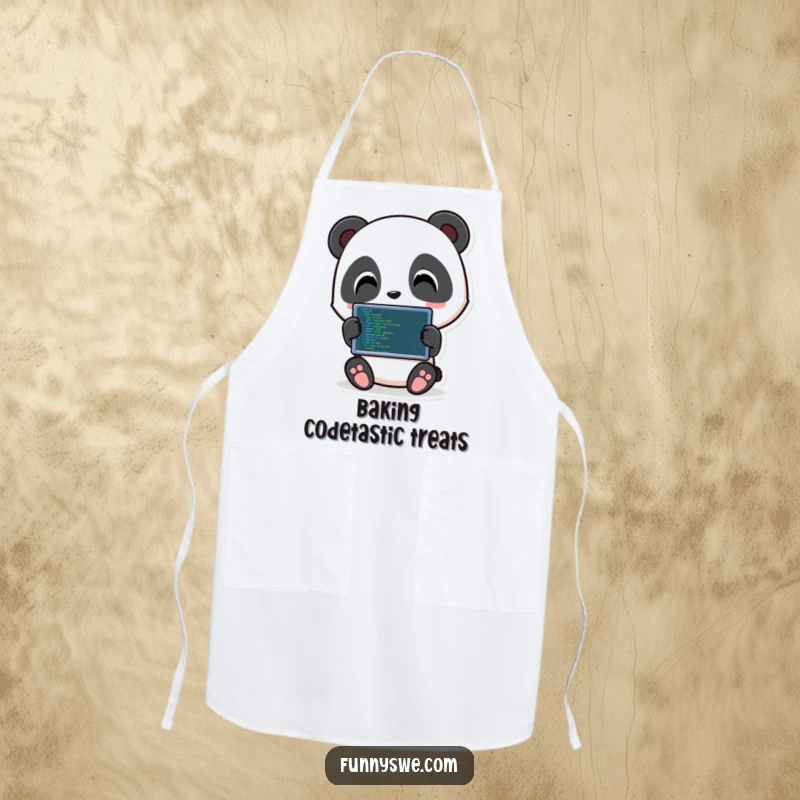 Funny Panda Chef Apron: Playful panda character holding a tablet, adding humor to kitchen tasks.