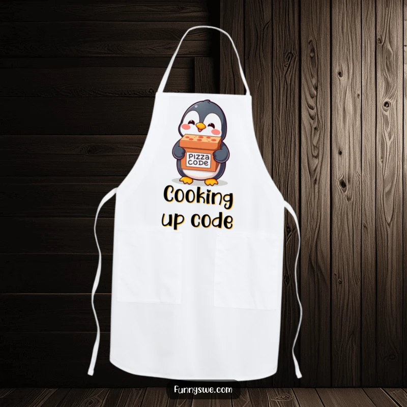 Funny kitchen apron showing a happy kawaii penguin delivering a pizza box labeled code delivery, for humorous kitchen tasks.