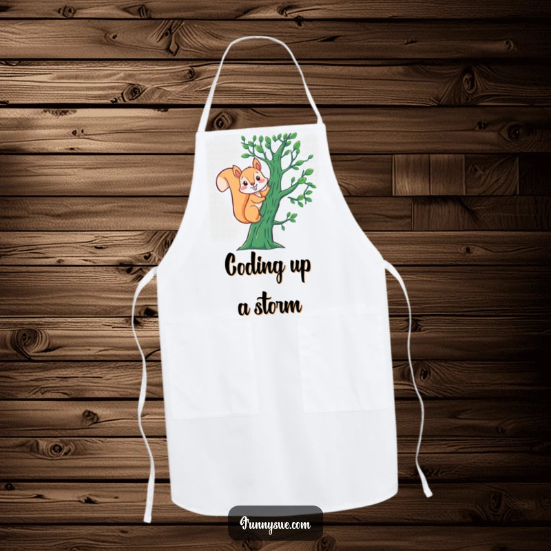 Funny Squirrel Binary Apron: An energetic squirrel climbs a tree of binary digits, bringing zest and humor to your kitchen.