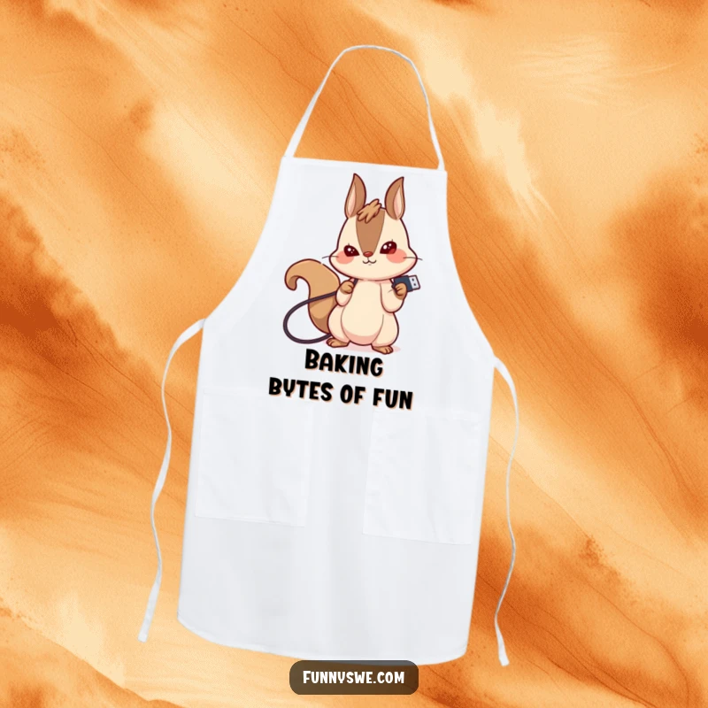 Funny kitchen apron showing a giggling kawaii squirrel determinedly plugging in a USB drive, for humorous kitchen tasks.