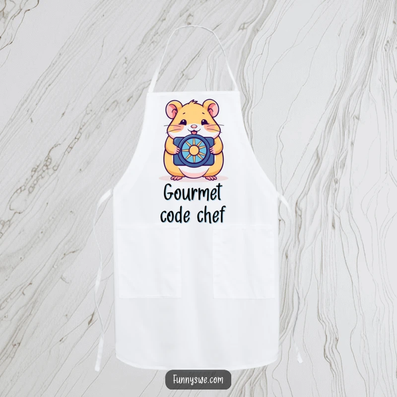 Funny hamster apron showing a happy rodent optimizing a website with a tiny spinner, ideal for humorous cooking tasks.