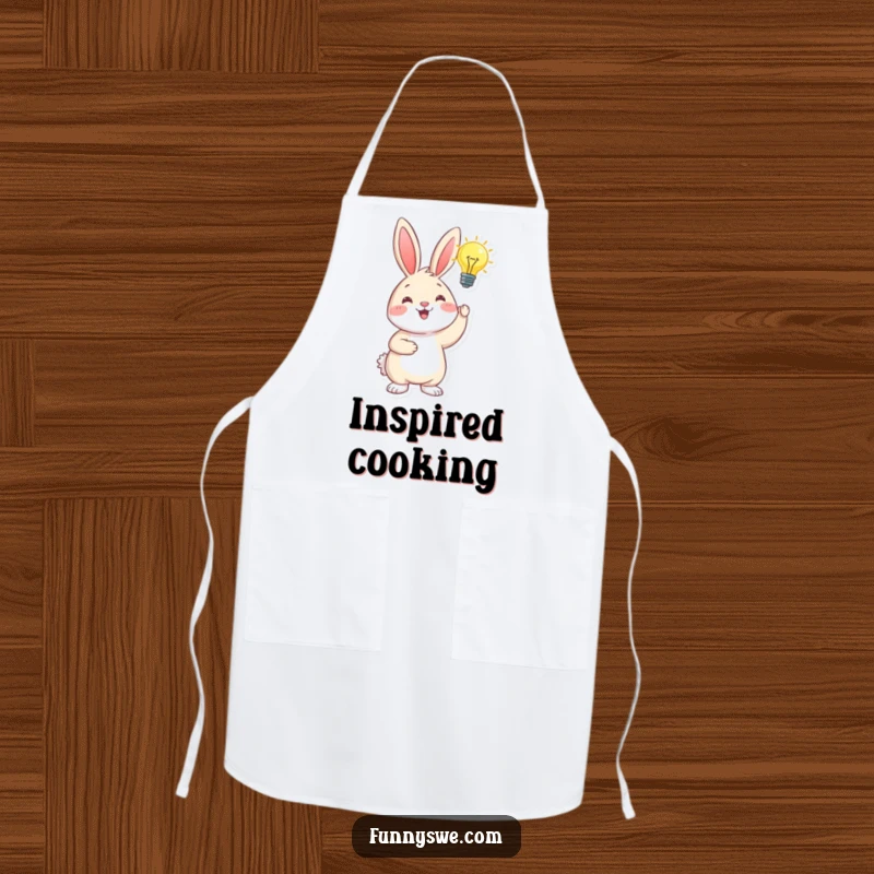 Funny happy bunny holding a glowing lightbulb overhead, symbolizing inspiration, a humorous apron for kitchen creativity.