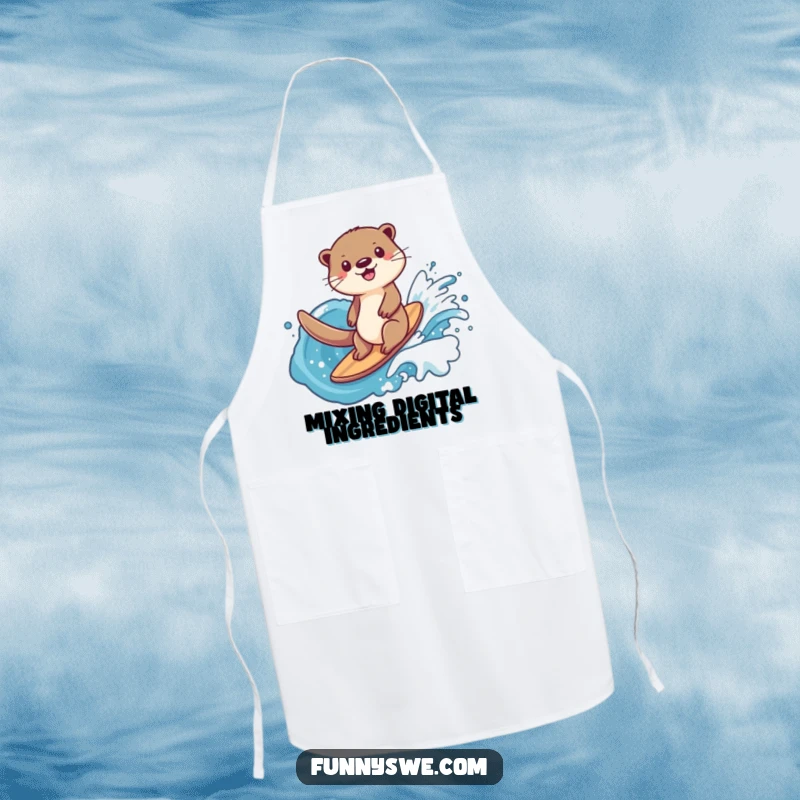Funny happy otter wearing an apron, surfing a data wave, symbolizing skill and enjoyment in both cooking and technology.
