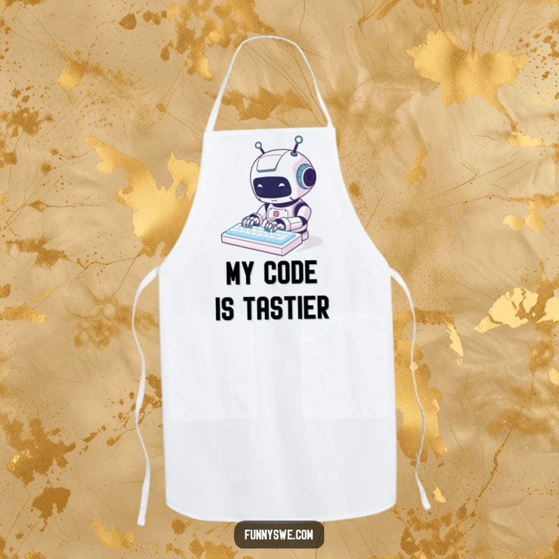 Funny kawaii robot animal character typing on a glowing keyboard, designed as a humorous and functional kitchen apron.