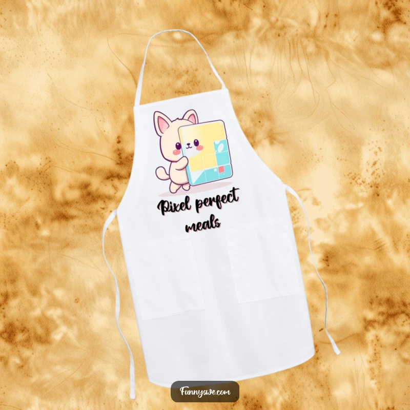 Funny kawaii animal character pushing a huge pixel block, designed as a humorous and functional kitchen apron.