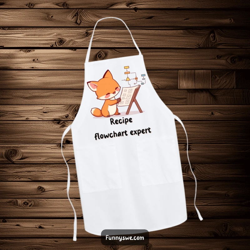 Funny fox apron showing a curious canine examining a complex flowchart, ideal for humorous culinary planning.