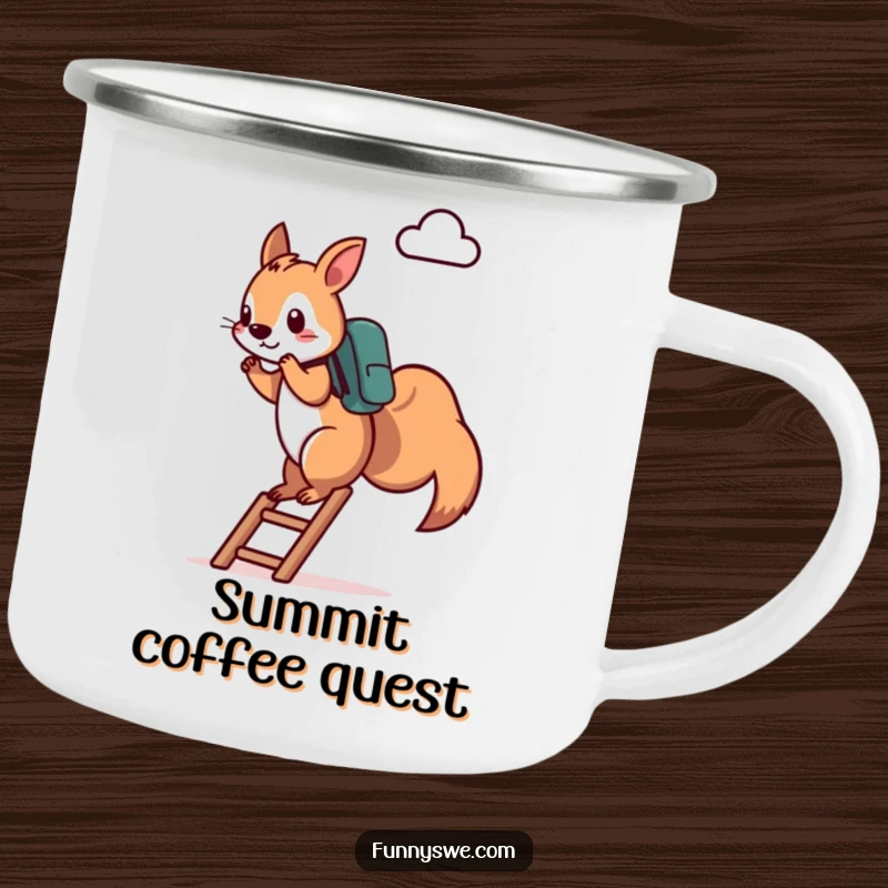 Funny Squirrel Camping Mug: A determined squirrel with a backpack climbs a ladder towards a cloud icon in a nature setting, bringing tech humor outdoors, a great funny gift.