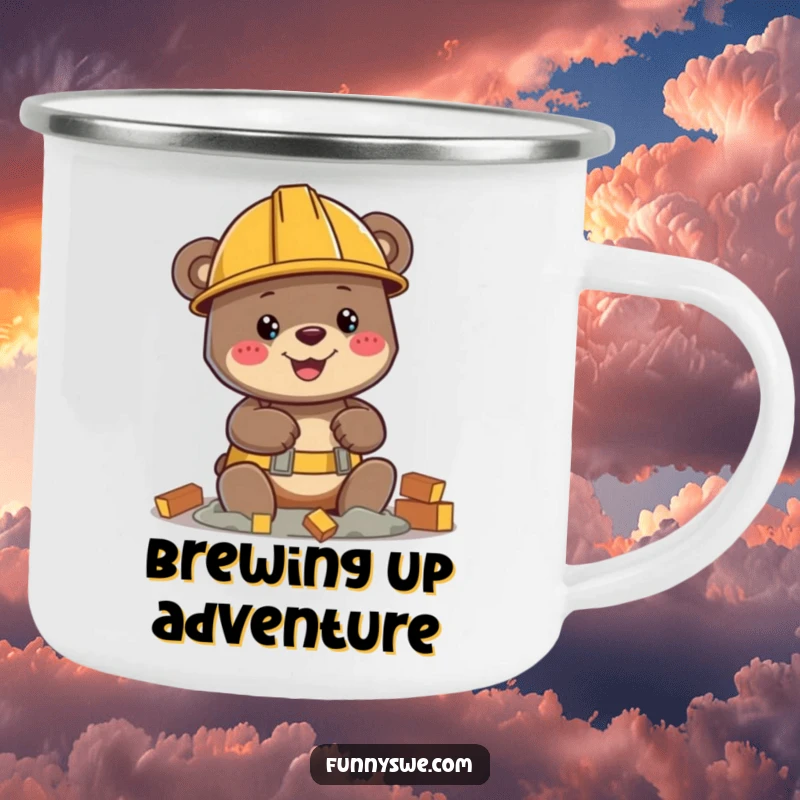 Funny bear character in hard hat, building virtual structure, enamel camping mug, outdoor construction humor, ideal funny gift.