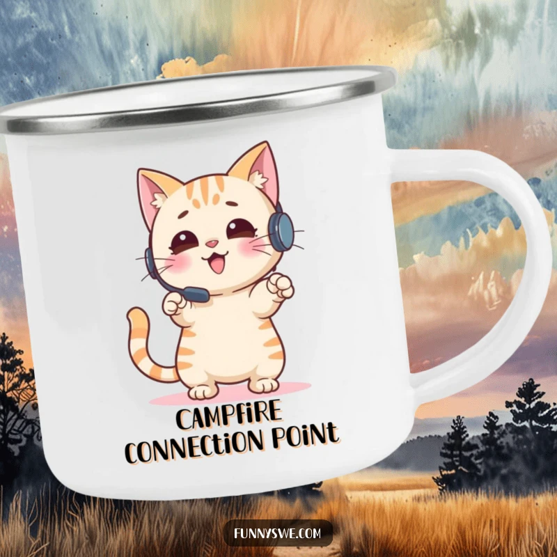 Funny Cat Camping Mug: An enthusiastic cat with a headset plays games outdoors, bringing gamer humor to nature, a great funny gift.