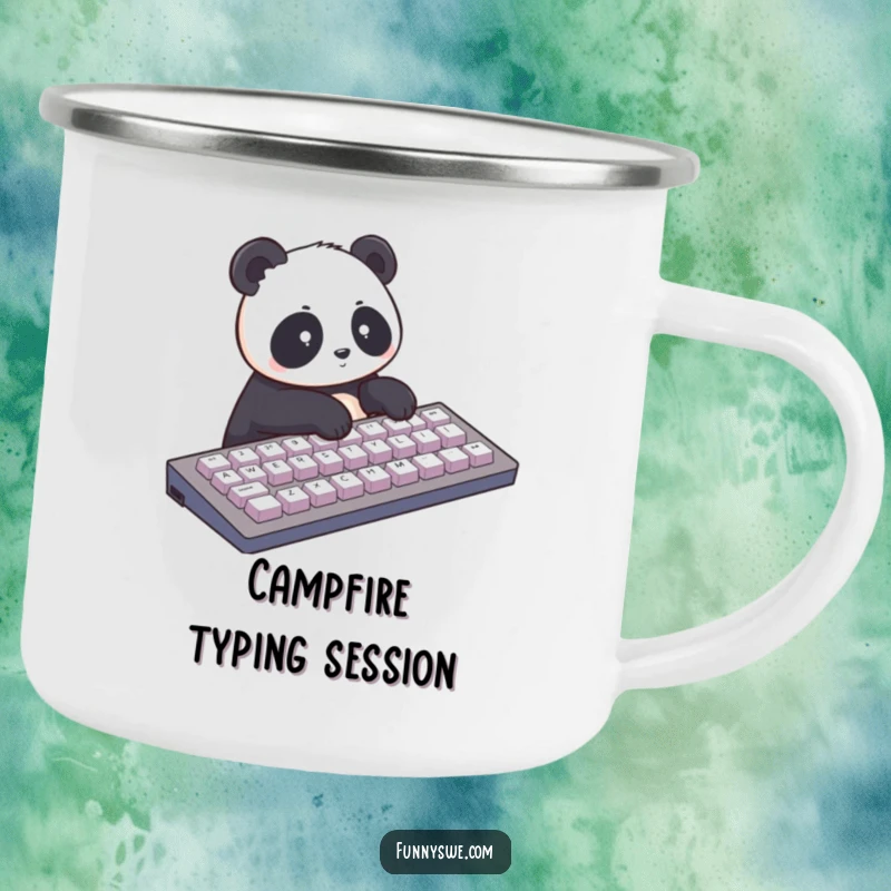 Funny camping mug with a panda typing on a giant keyboard. Durable and humorous for outdoor techies.