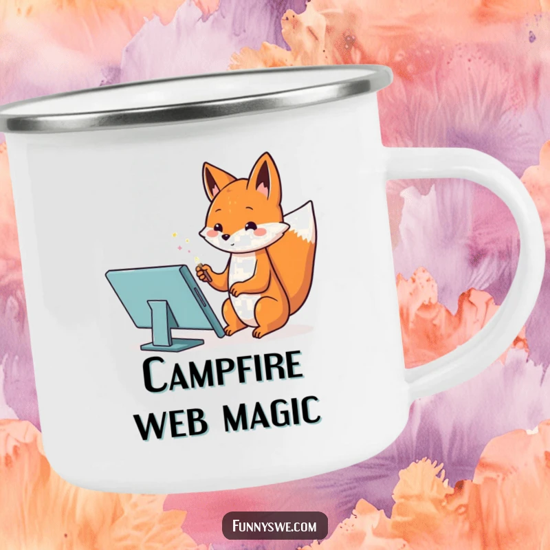 Funny enamel camping mug with a Kawaii fox using a magic wand on a tablet to design, representing creativity and outdoor humor.