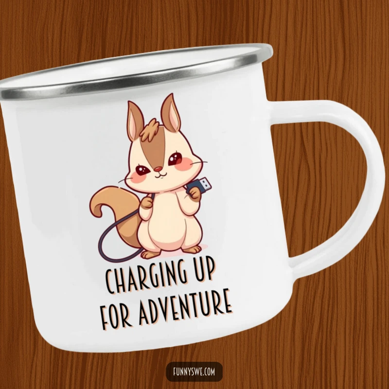 Funny and durable enamel camping mug with a giggling kawaii squirrel plugging in a USB drive, perfect for humorous outdoor techies.
