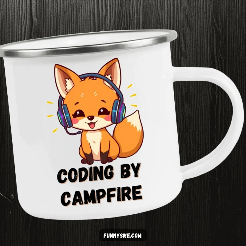 Funny camping mug with an excited fox wearing headphones, coding with colorful lines. Durable and humorous for outdoor techies.