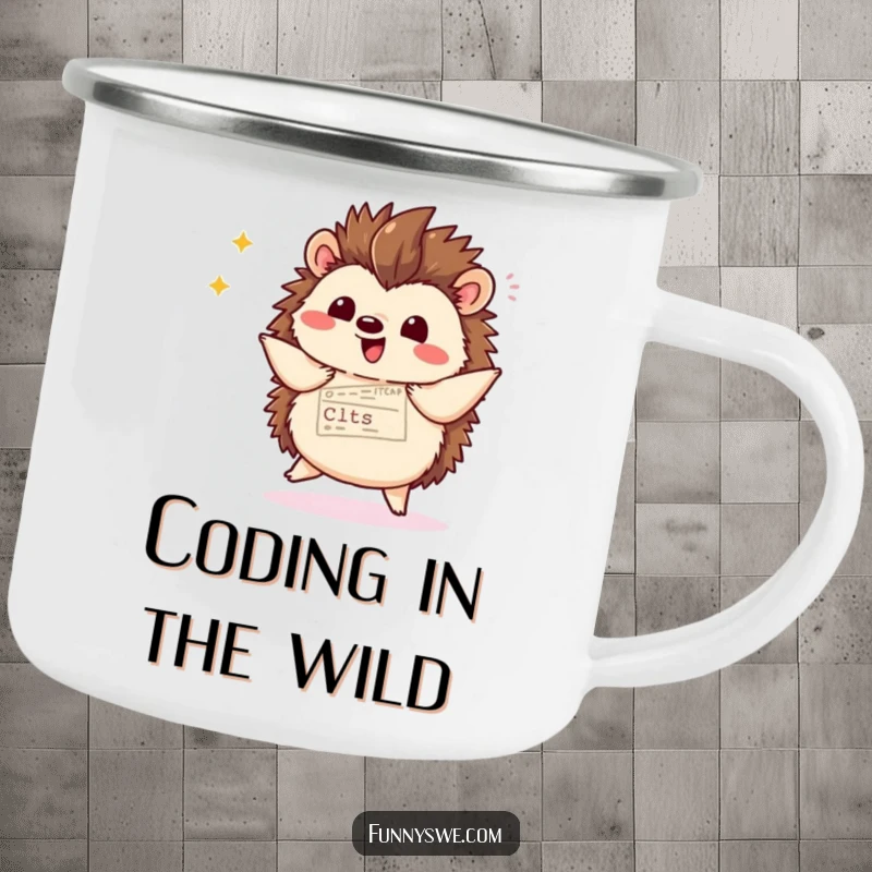 Durable funny kawaii hedgehog enamel camping mug, displaying website code with a flourish and dancing, perfect for outdoor use.