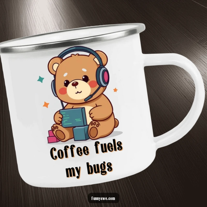 Funny Kawaii bear developer camping mug, headphones on, dragging code blocks, ideal for outdoor coding.