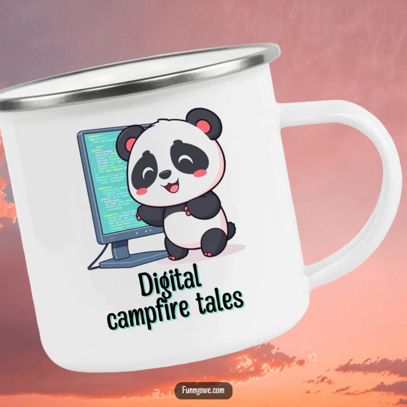 Funny camping mug featuring a Kawaii panda pushing code into a computer, ideal for tech enthusiasts outdoors.