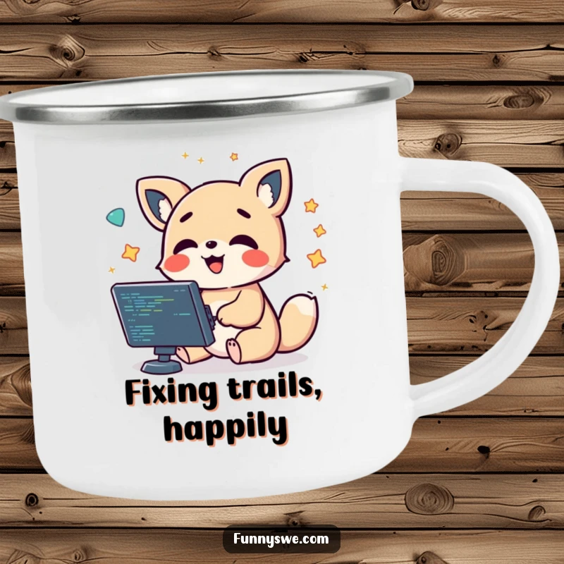 Funny kawaii animal character debugging code with floating symbols, designed for outdoor use on a camping mug.