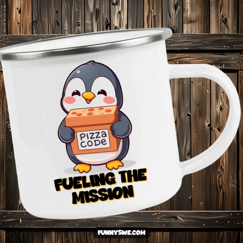 Funny and durable enamel camping mug with a happy kawaii penguin delivering a pizza box labeled code delivery, perfect for humorous outdoor techies.