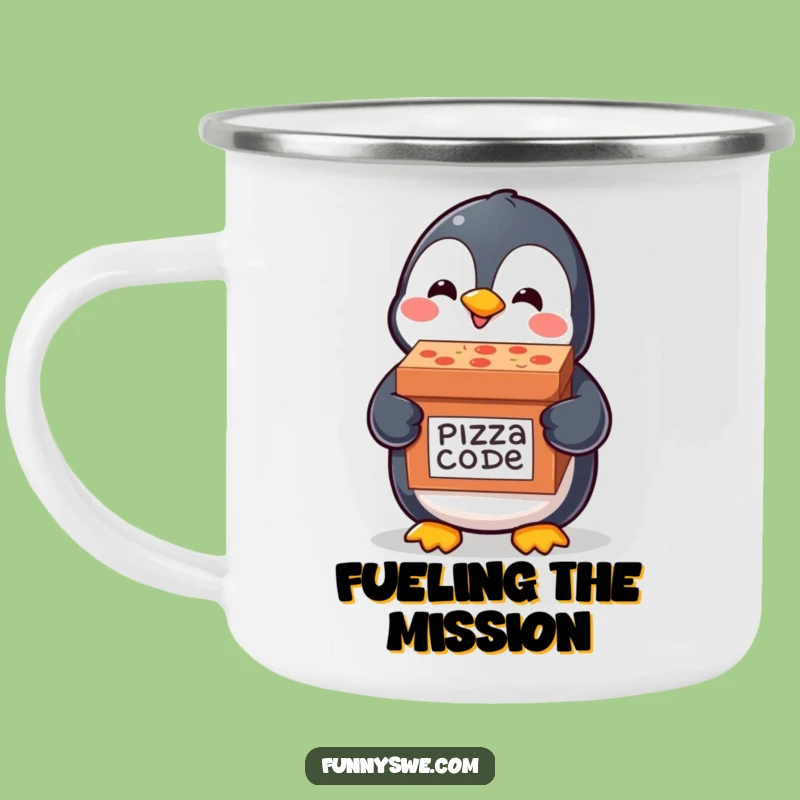 Funny Penguin Code Camping Mug: Pizza Delivery Penguin, Durable for Tech Adventures