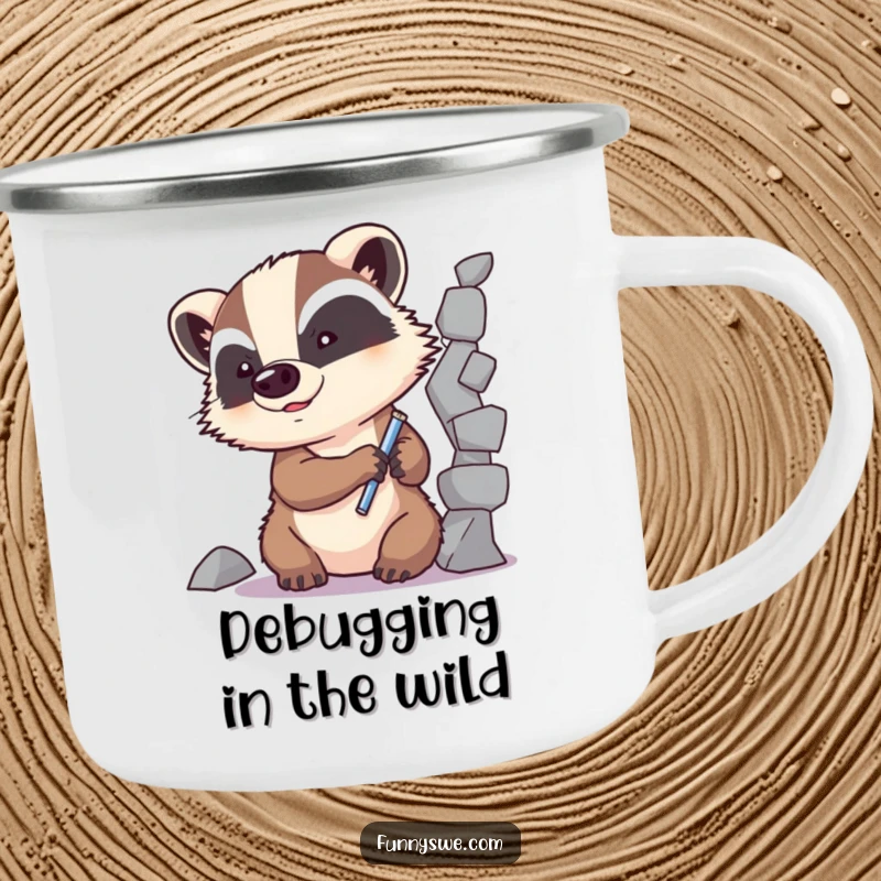 Funny Badger Code Fixer Camping Mug: A determined badger character repairs broken code, perfect for debugging outdoors.