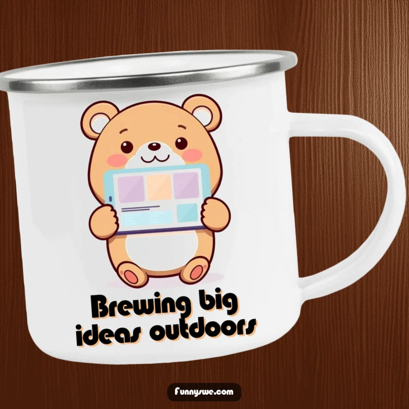 Funny Bear Web Designer Camping Mug: A smiling bear character shows off a website on a screen, perfect for outdoor coding enthusiasts.
