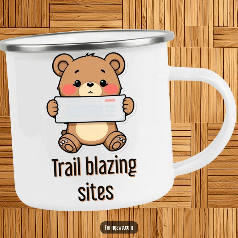 Funny bear web designer camping mug, a determined bear proudly showing a website, durable and humorous for outdoor use.