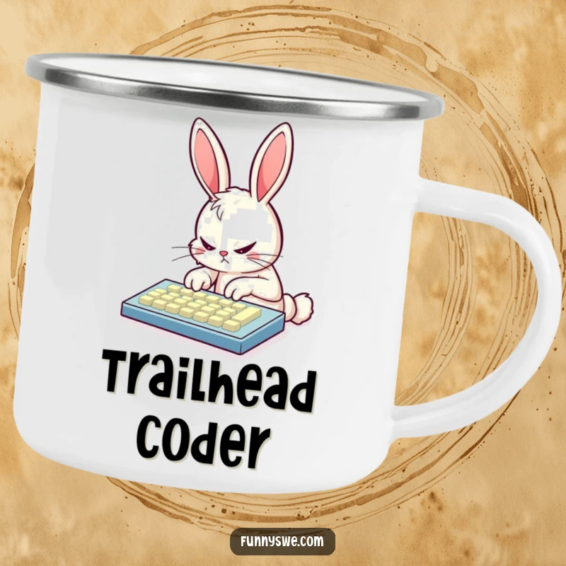Funny bunny coder camping mug, depicting a determined bunny furiously typing on a glowing keyboard, ideal for outdoor enthusiasts.