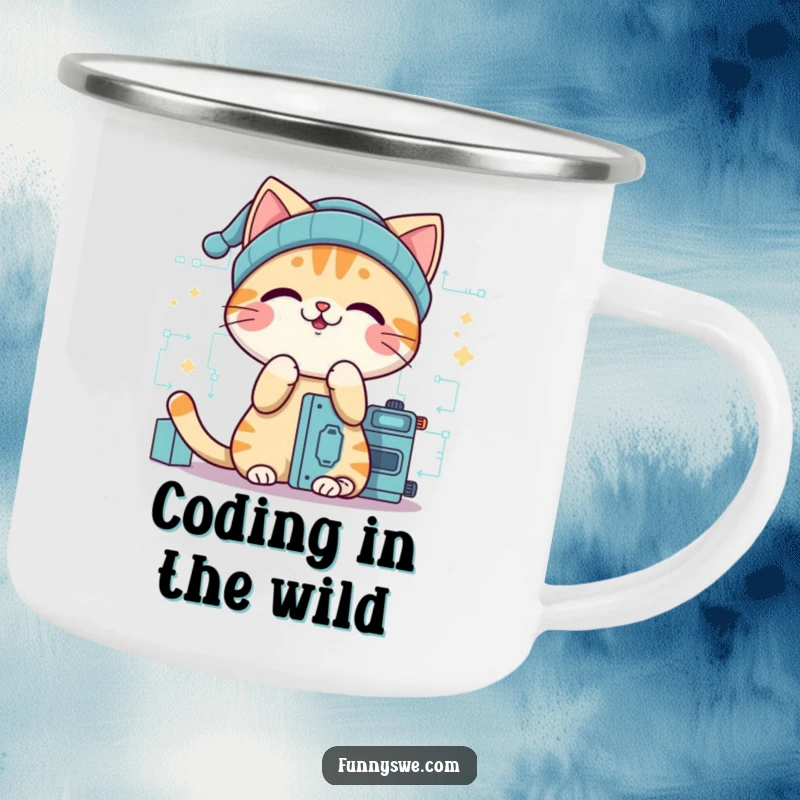 Funny cat coder camping mug, a giggling cat in a beanie, building digital code, durable and humorous outdoor drinkware.