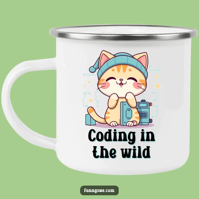 Funny Cat Coder Camping Mug - Giggling Beanie Programmer Drinkware