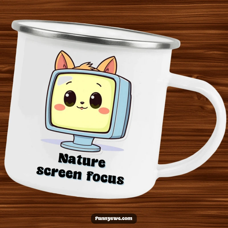 Funny camping mug with a curious animal wide-eyed, inspecting a glowing computer monitor, an adventurous gift.