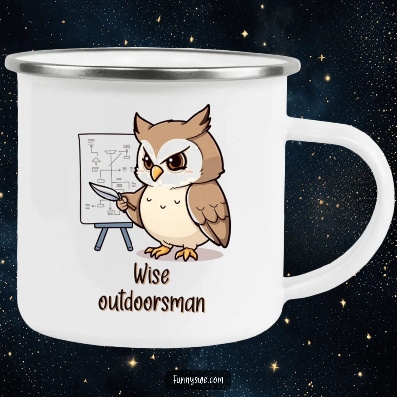 Funny camping mug showing a determined owl character pointing at a complex flowchart with a feather pen, bringing strategy outdoors.