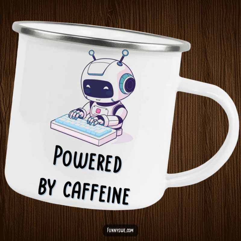 Funny kawaii robot animal character typing on a glowing keyboard, designed for outdoor adventures on a sturdy camping mug.