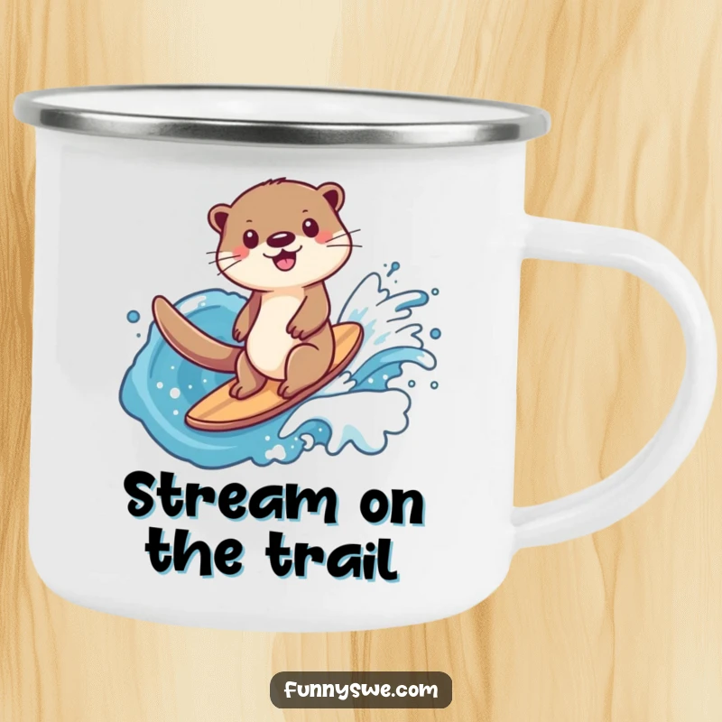 Funny happy otter data surfer camping mug, showing an otter surfing a data wave, great for outdoor tech enthusiasts.