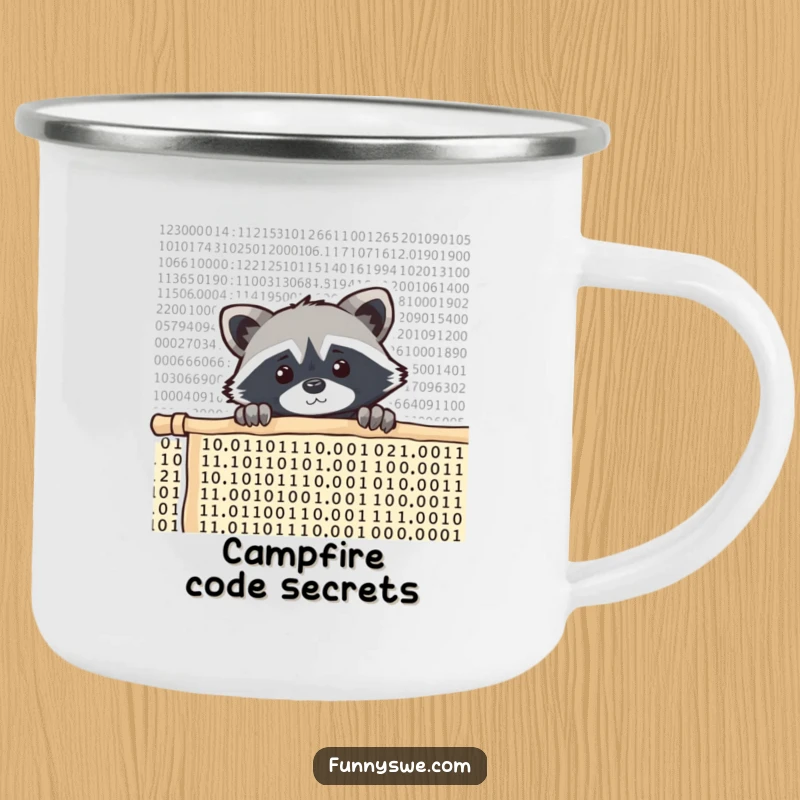 Funny raccoon coder camping mug, a curious raccoon peeking over code, durable and humorous for outdoor adventures.