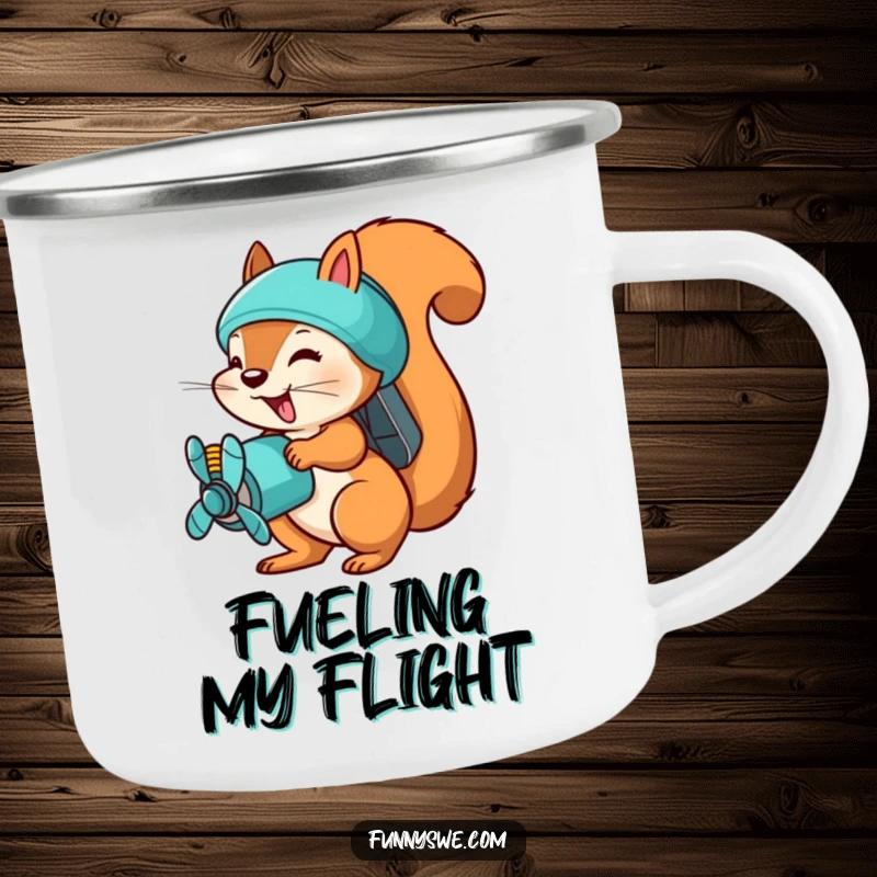 Funny squirrel uploader camping mug, a busy squirrel with a propeller pack, uploading files, durable and humorous outdoor gear.