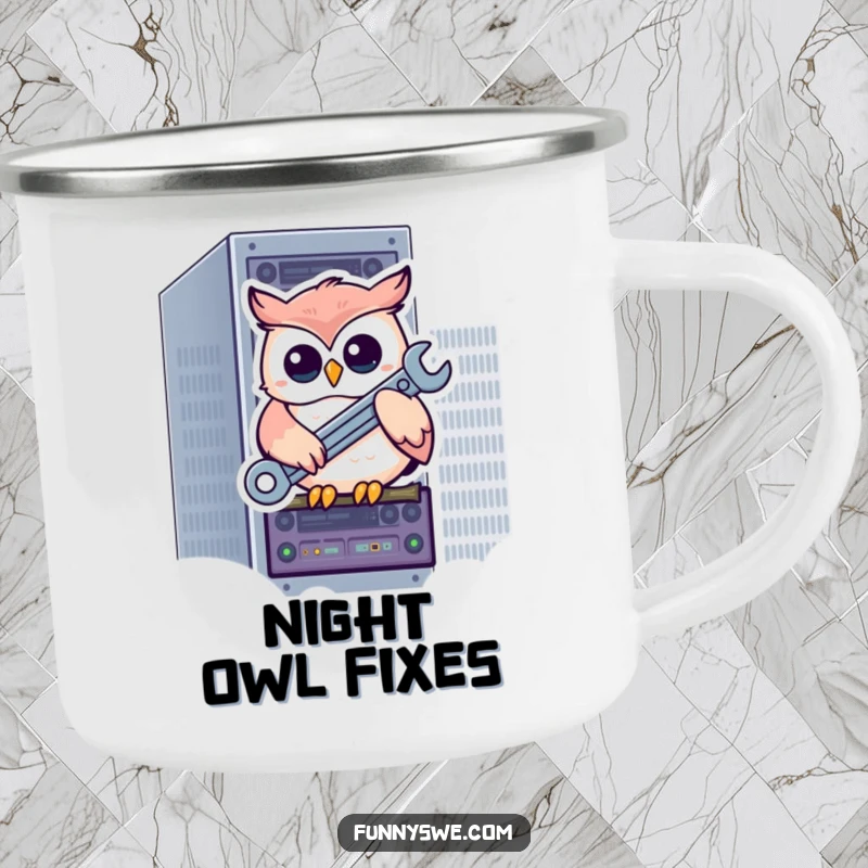 Funny kawaii owl perched on a server rack, holding a wrench, a humorous and durable camping mug.