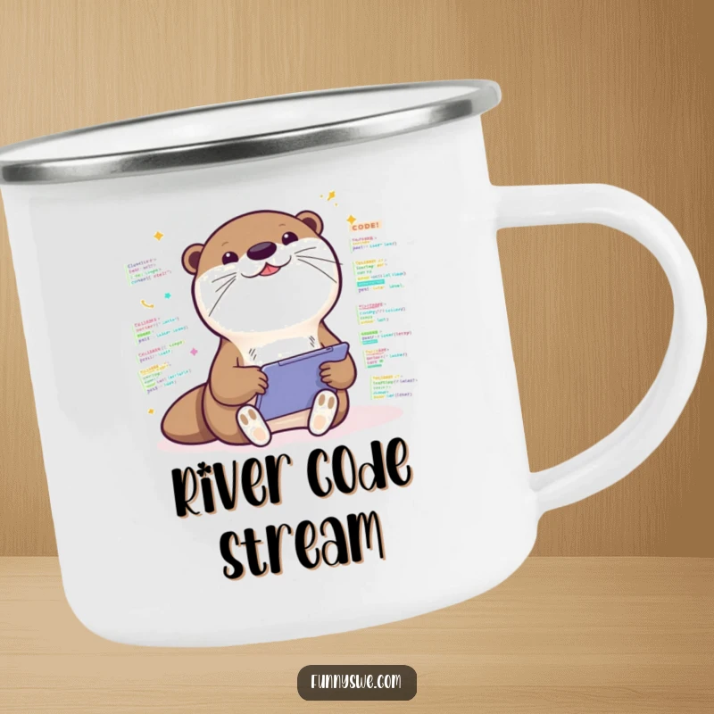 Funny enamel camping mug with a Kawaii otter coding on a tablet, surrounded by code, representing enthusiasm and outdoor humor.